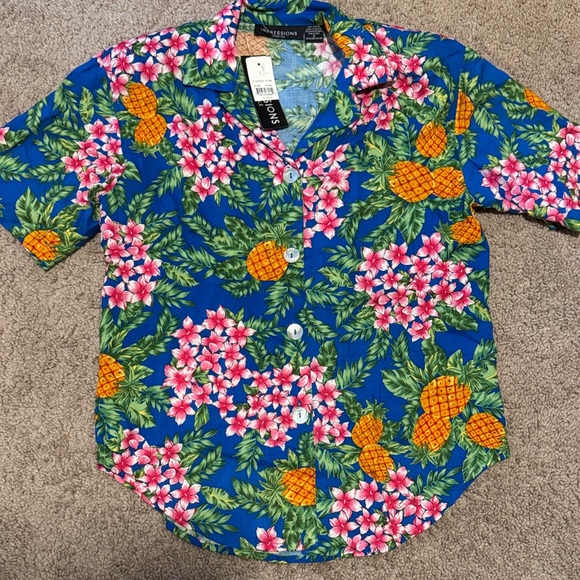 Impressions Tops - Impressions Tropical Blue Shirt with Pink and Orange Accents
